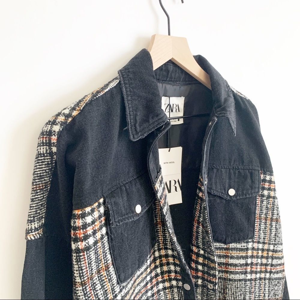 Zara Denim Oversized Jacket Fray Hem Snap Front Plaid Black Size S - Picture 4 of 9